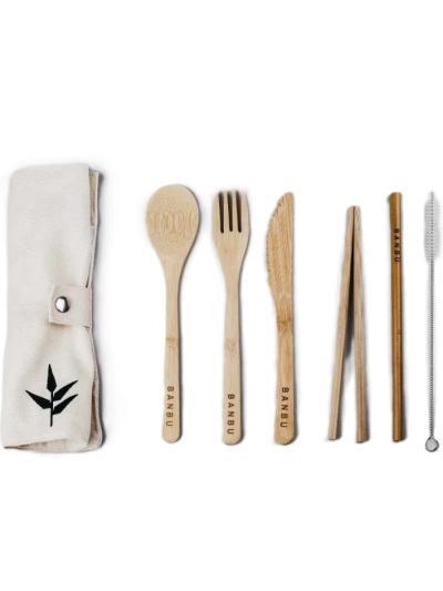 Set posate da viaggio in bambù con astuccio in cotone